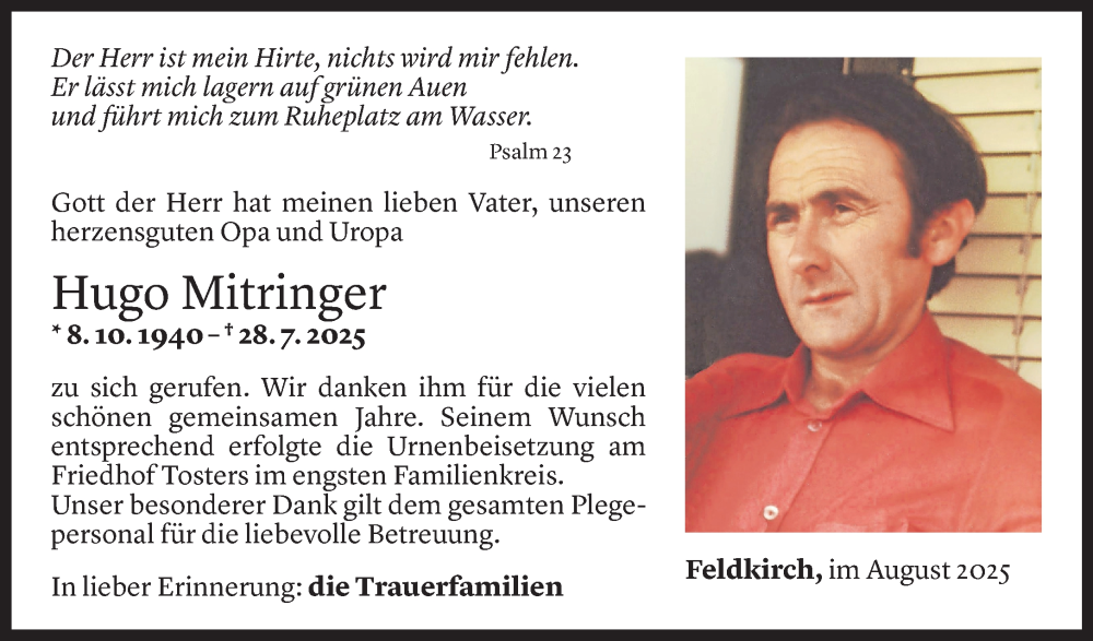  Todesanzeige für Hugo Mitringer vom 23.08.2025 aus Vorarlberger Nachrichten
