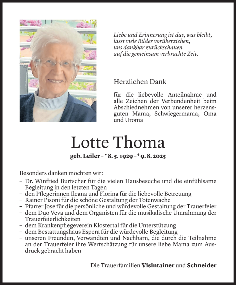  Todesanzeige für Lotte Thoma vom 29.08.2025 aus Vorarlberger Nachrichten