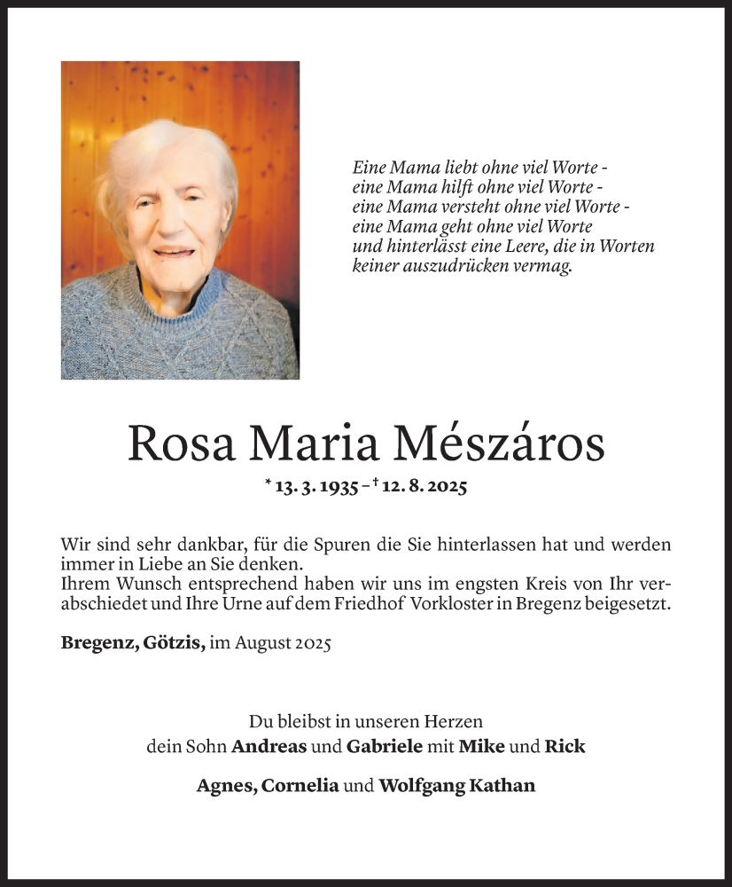 Todesanzeige für Rosa Maria Mészáros vom 23.08.2025 aus Vorarlberger Nachrichten
