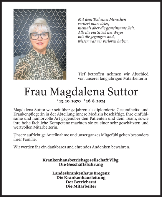 Todesanzeige von Magdalena Suttor von Vorarlberger Nachrichten