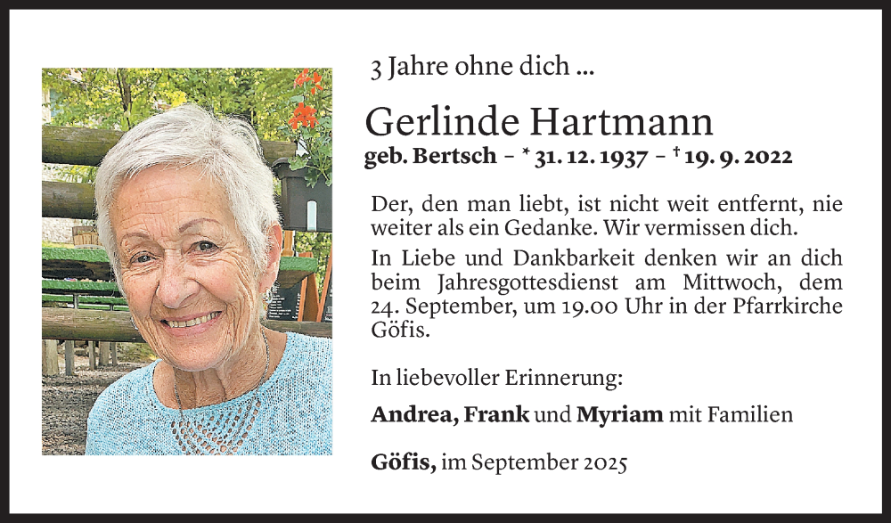  Todesanzeige für Gerlinde Hartmann vom 18.09.2025 aus Vorarlberger Nachrichten