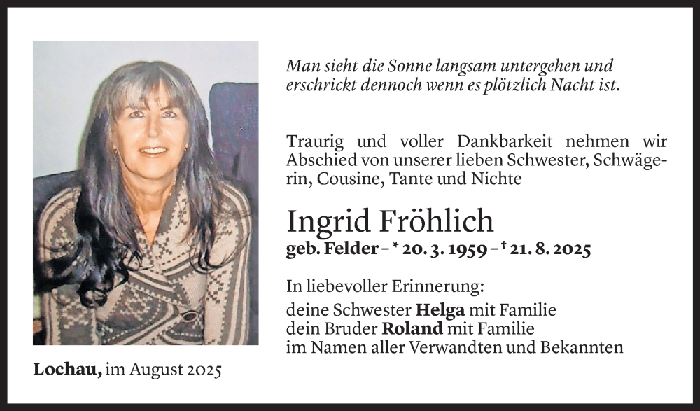  Todesanzeige für Ingrid Fröhlich vom 25.08.2025 aus Vorarlberger Nachrichten