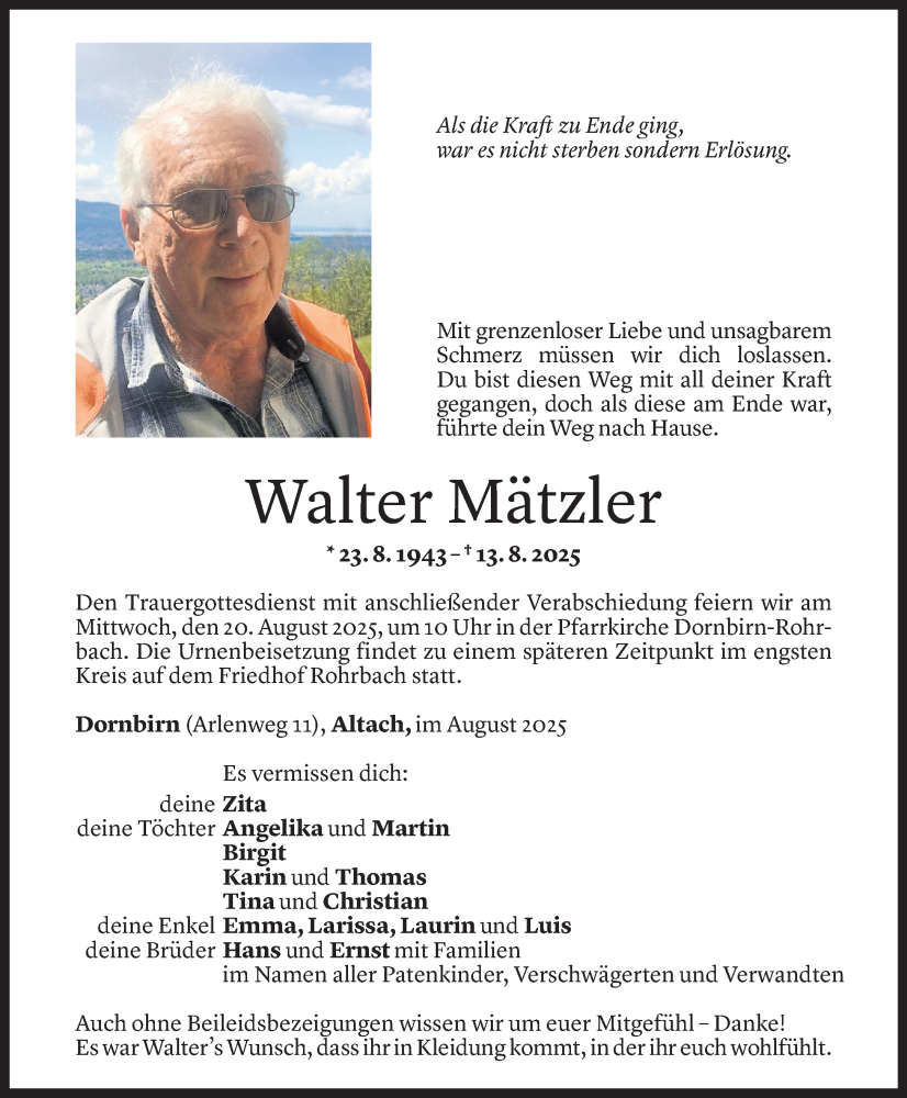  Todesanzeige für Walter Mätzler vom 14.08.2025 aus Vorarlberger Nachrichten
