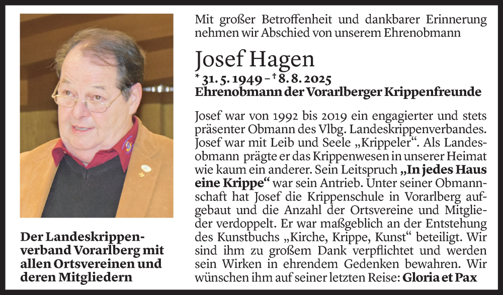  Todesanzeige für Josef Hagen vom 14.08.2025 aus Vorarlberger Nachrichten