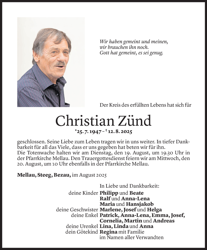  Todesanzeige für Christian Zünd vom 14.08.2025 aus Vorarlberger Nachrichten