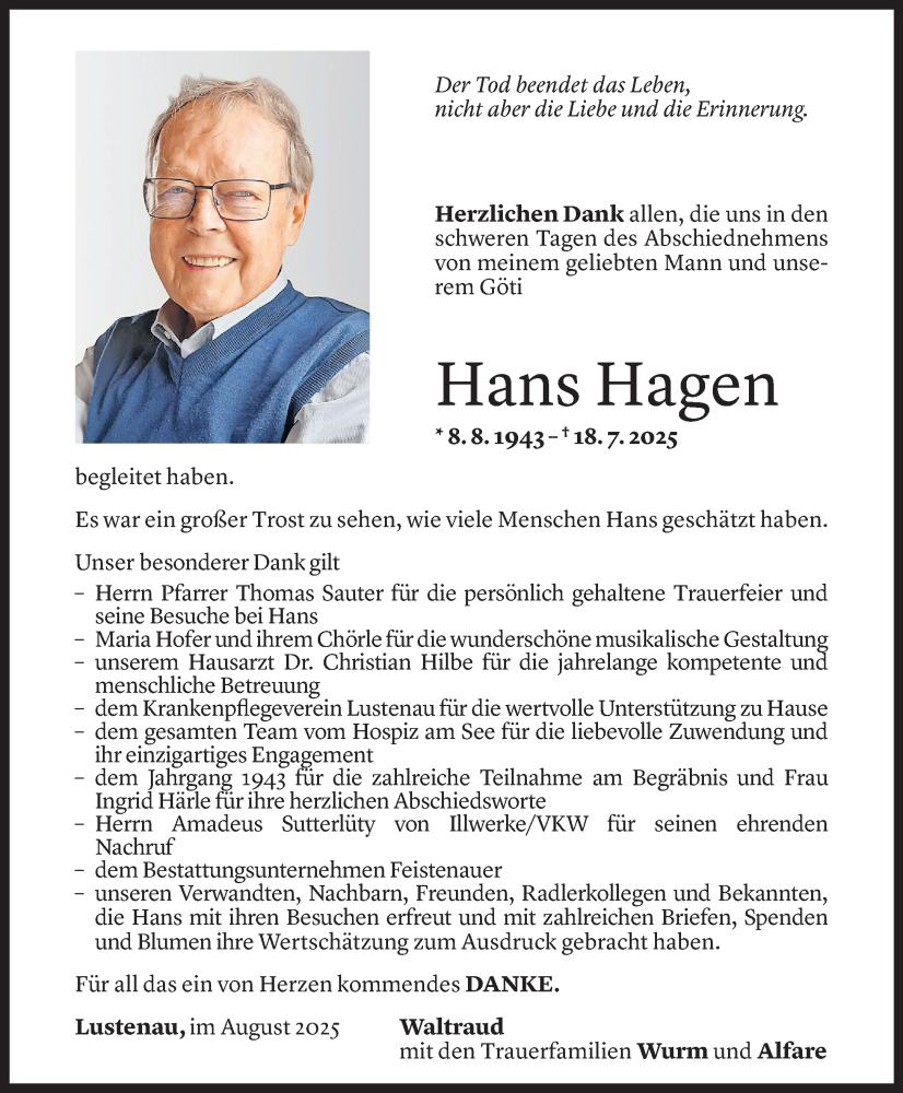  Todesanzeige für Hans Hagen vom 21.08.2025 aus Vorarlberger Nachrichten
