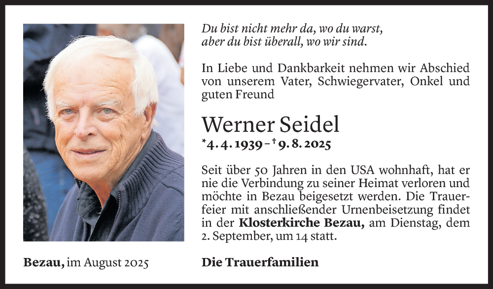  Todesanzeige für Werner Seidel vom 29.08.2025 aus Vorarlberger Nachrichten