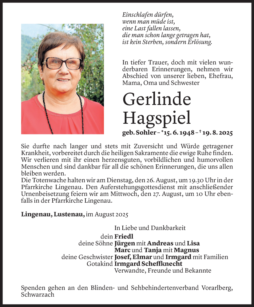  Todesanzeige für Gerlinde Hagspiel vom 22.08.2025 aus Vorarlberger Nachrichten
