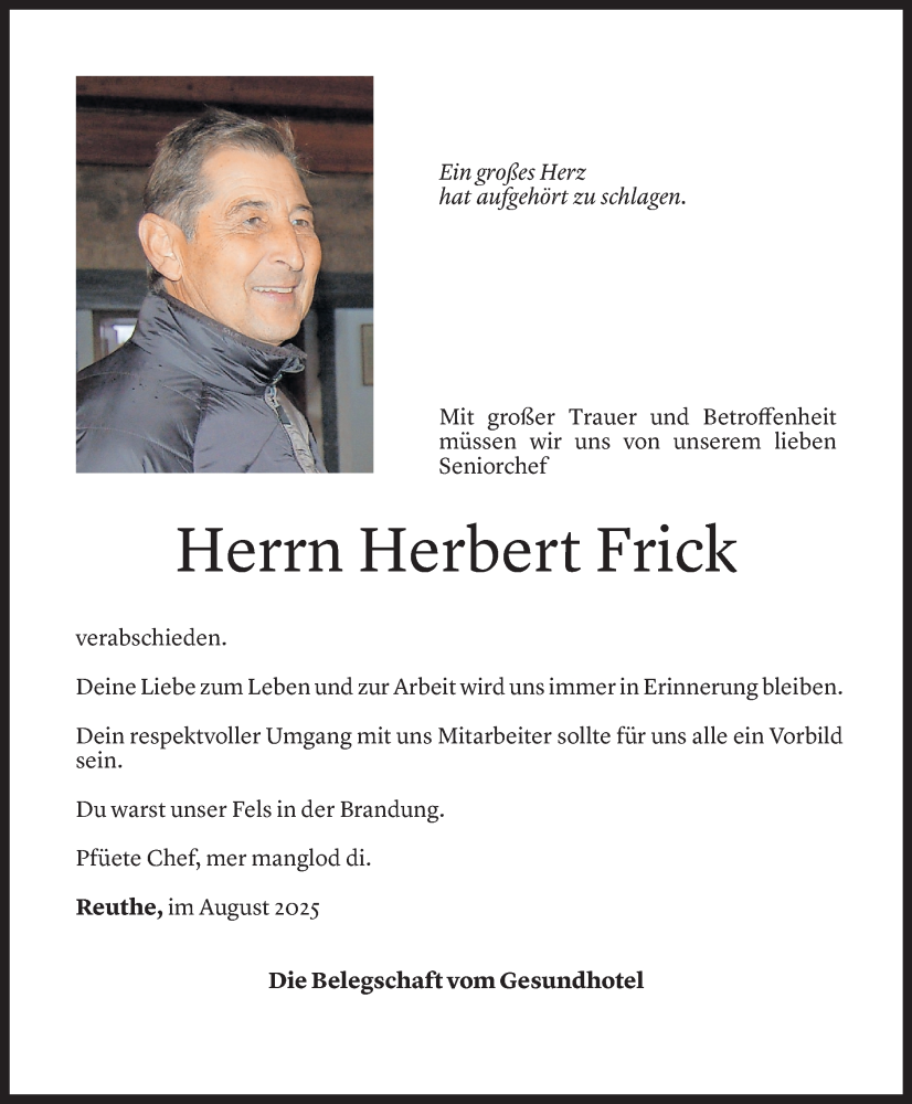  Todesanzeige für Herbert Frick vom 18.08.2025 aus Vorarlberger Nachrichten