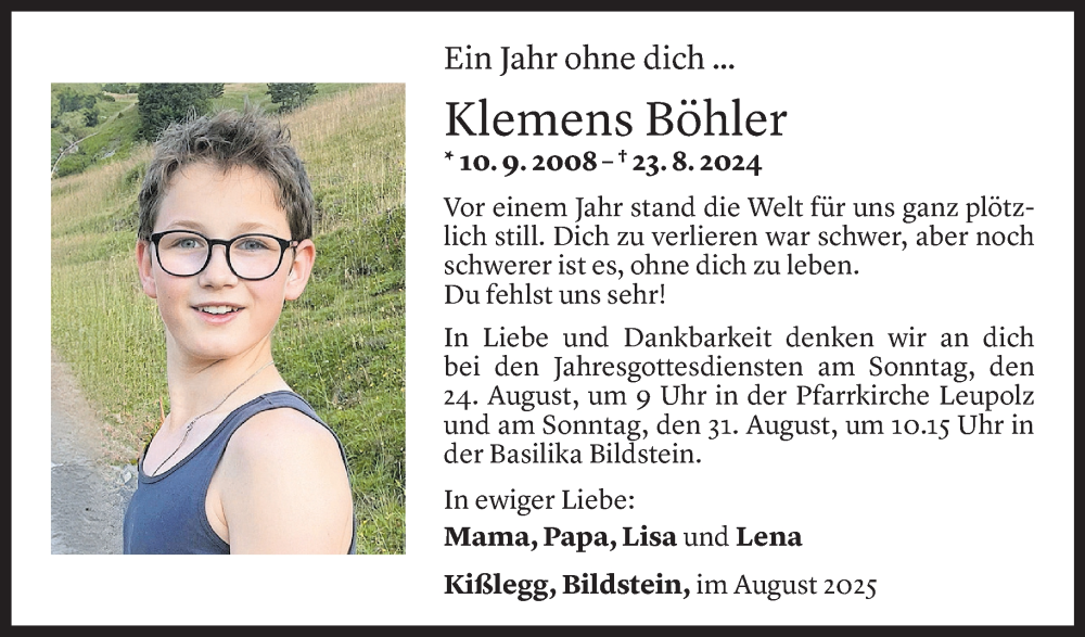  Todesanzeige für Klemens Böhler vom 23.08.2025 aus Vorarlberger Nachrichten