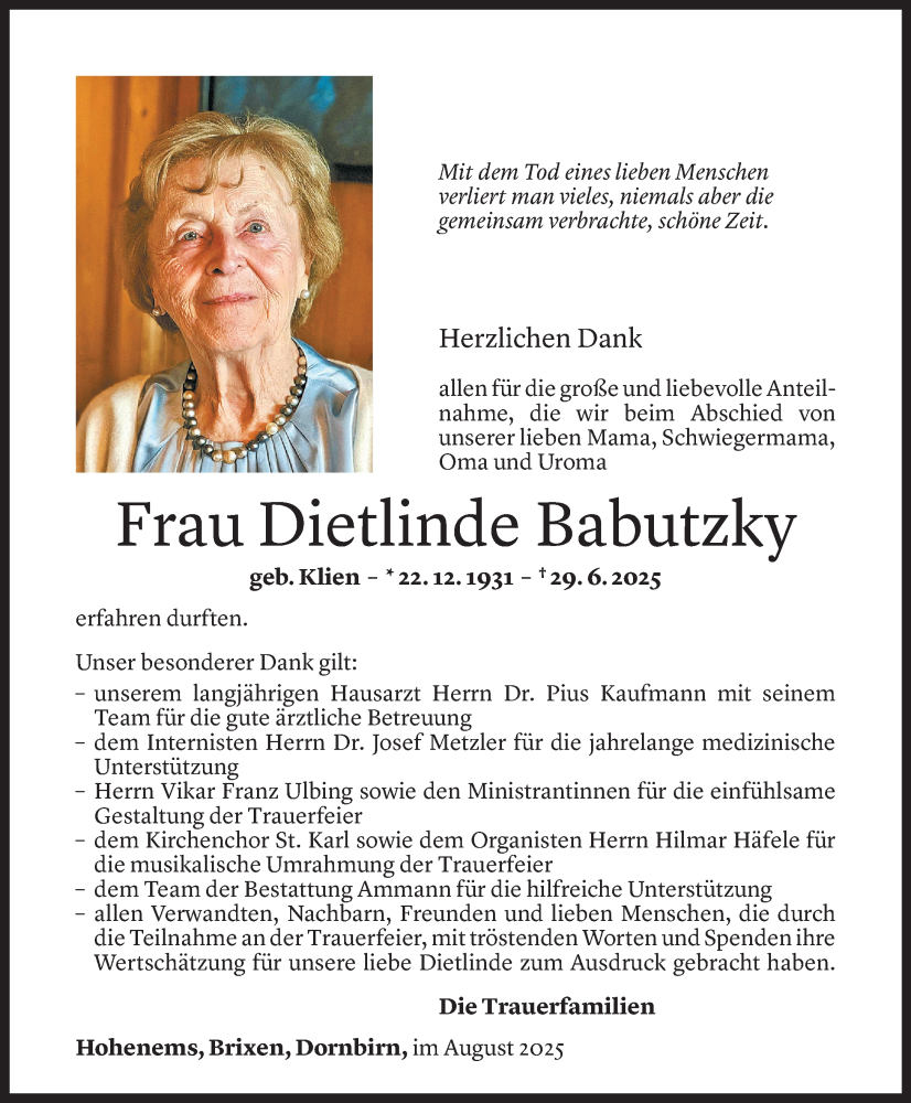  Todesanzeige für Dietlinde Babutzky vom 08.08.2025 aus Vorarlberger Nachrichten