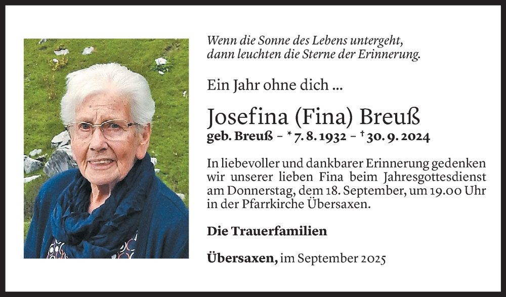  Todesanzeige für Josefina Breuß vom 14.09.2025 aus Vorarlberger Nachrichten