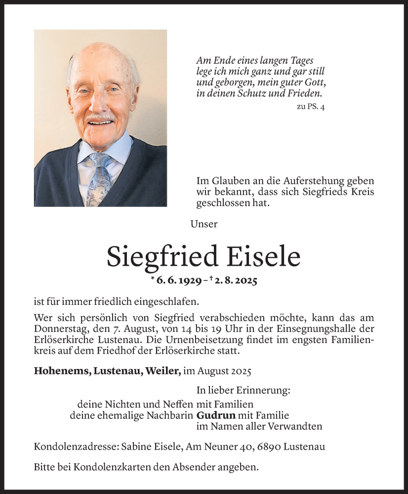  Todesanzeige für Siegfried Eisele vom 05.08.2025 aus Vorarlberger Nachrichten