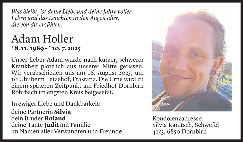  Todesanzeige für Adam Holler vom 12.08.2025 aus Vorarlberger Nachrichten