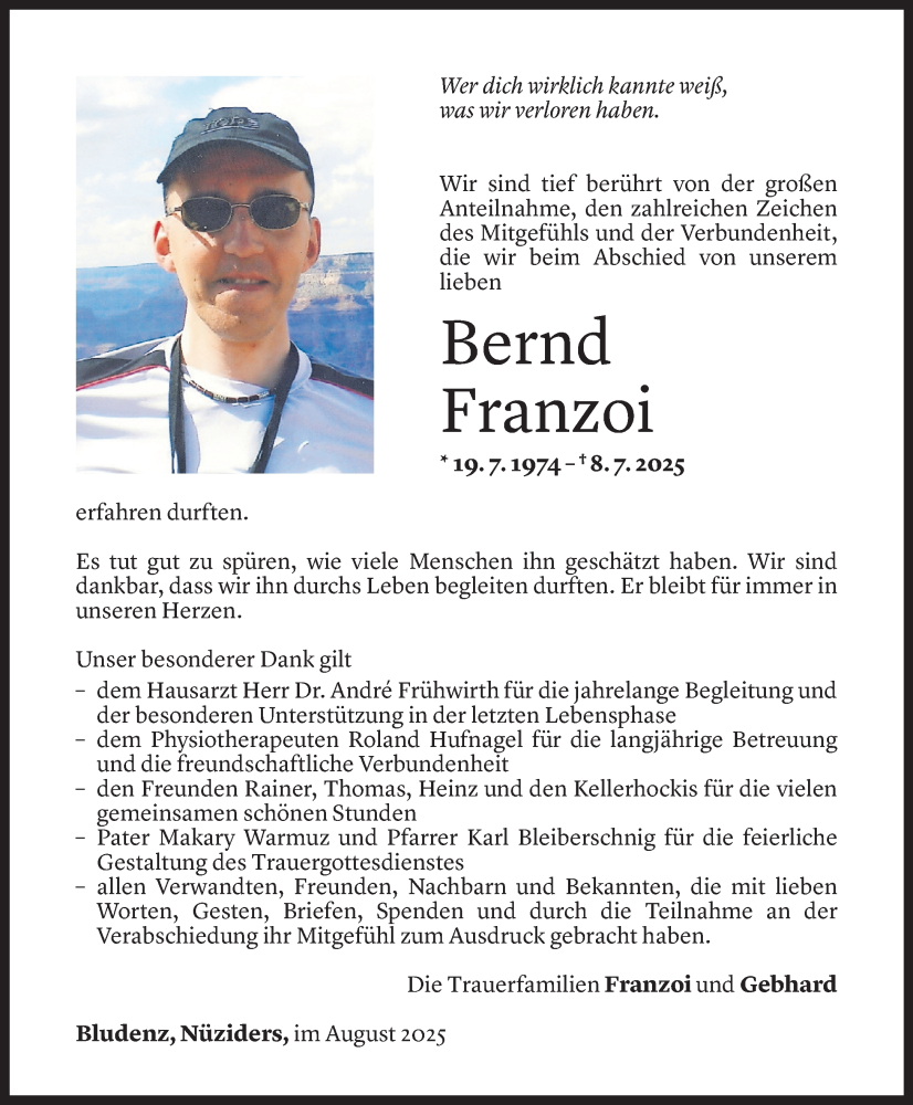  Todesanzeige für Bernd Franzoi vom 08.08.2025 aus Vorarlberger Nachrichten