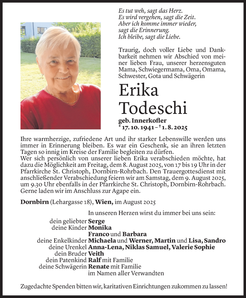  Todesanzeige für Erika Todeschi vom 05.08.2025 aus Vorarlberger Nachrichten