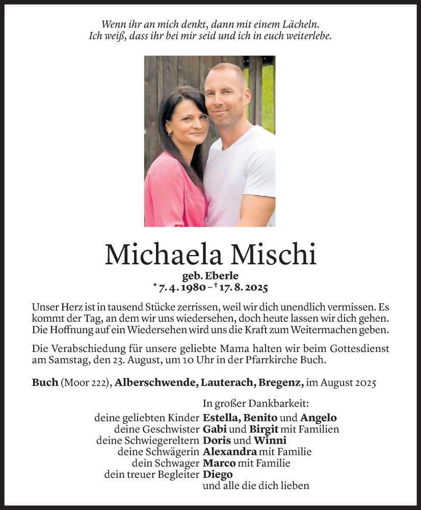  Todesanzeige für Michaela Mischi vom 20.08.2025 aus Vorarlberger Nachrichten