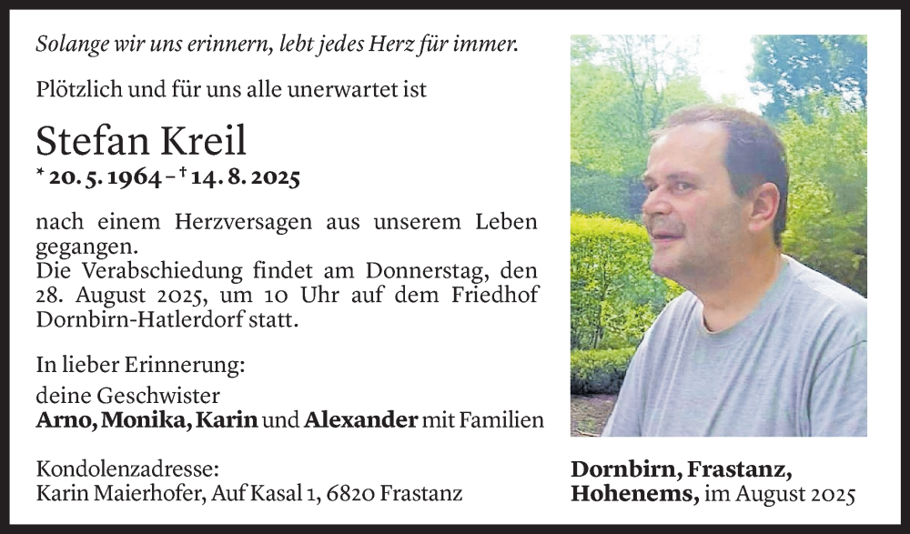  Todesanzeige für Stefan Kreil vom 25.08.2025 aus Vorarlberger Nachrichten