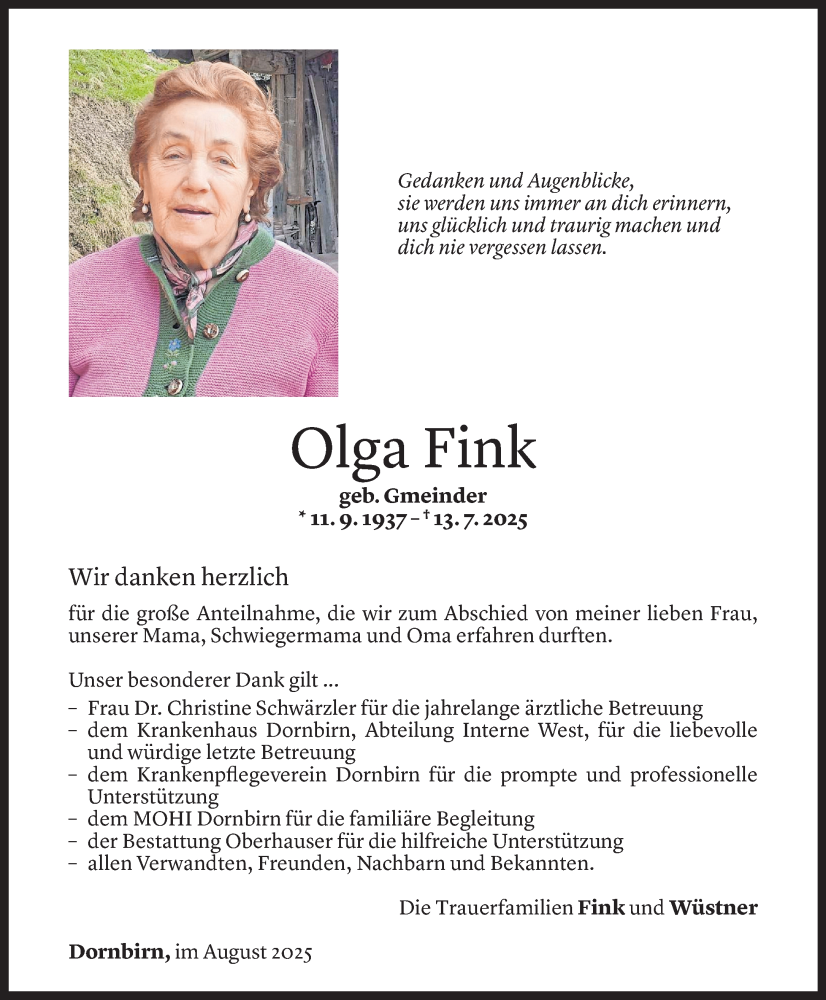  Todesanzeige für Olga Fink vom 08.08.2025 aus Vorarlberger Nachrichten