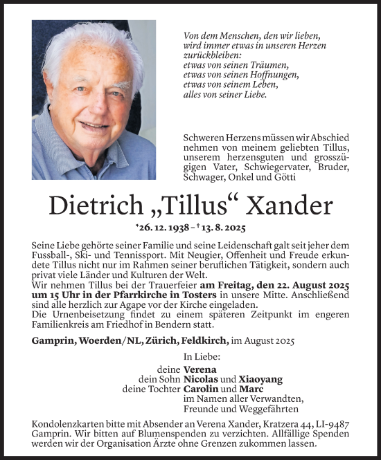 Todesanzeige von Dietrich Xander von Vorarlberger Nachrichten