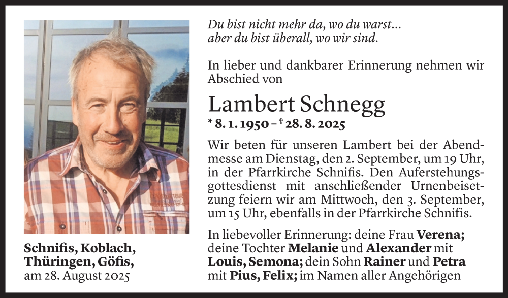  Todesanzeige für Lambert Schnegg vom 29.08.2025 aus Vorarlberger Nachrichten