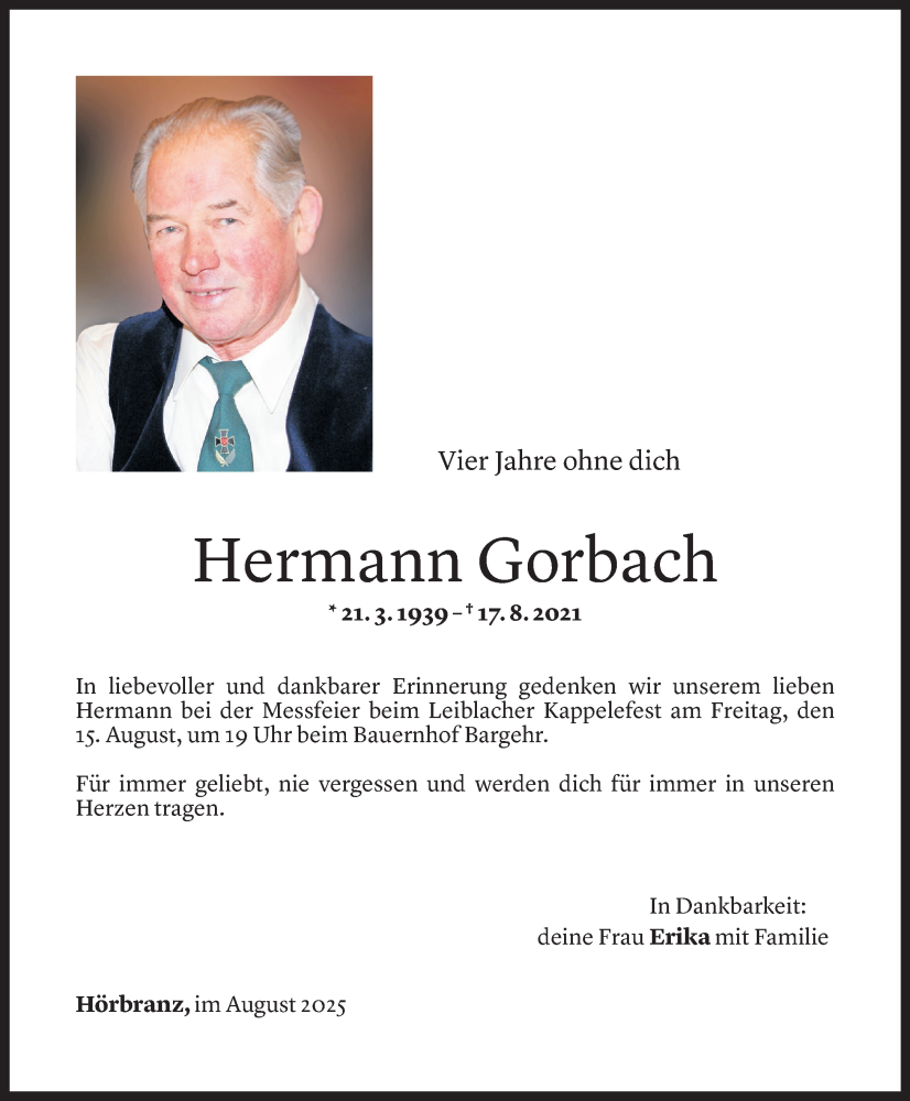  Todesanzeige für Hermann Gorbach vom 11.08.2025 aus Vorarlberger Nachrichten