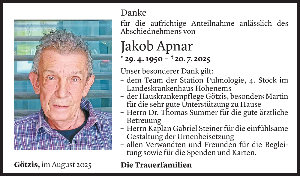  Todesanzeige für Jakob Apnar vom 06.08.2025 aus Vorarlberger Nachrichten