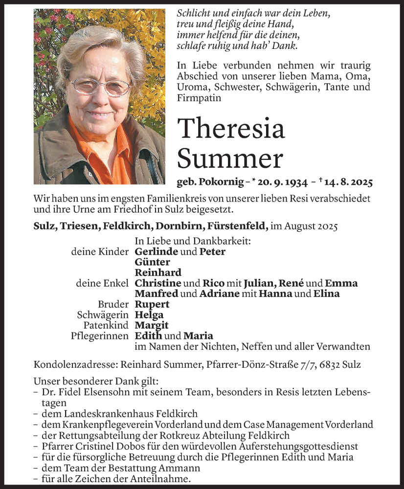  Todesanzeige für Theresia Summer vom 23.08.2025 aus Vorarlberger Nachrichten