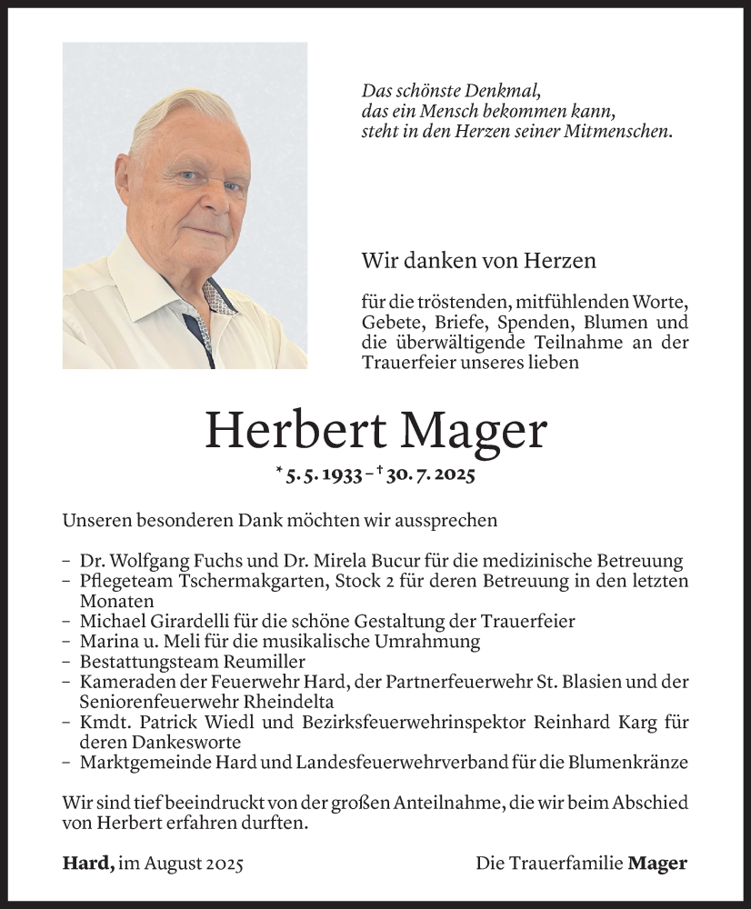  Todesanzeige für Herbert Mager vom 22.08.2025 aus Vorarlberger Nachrichten