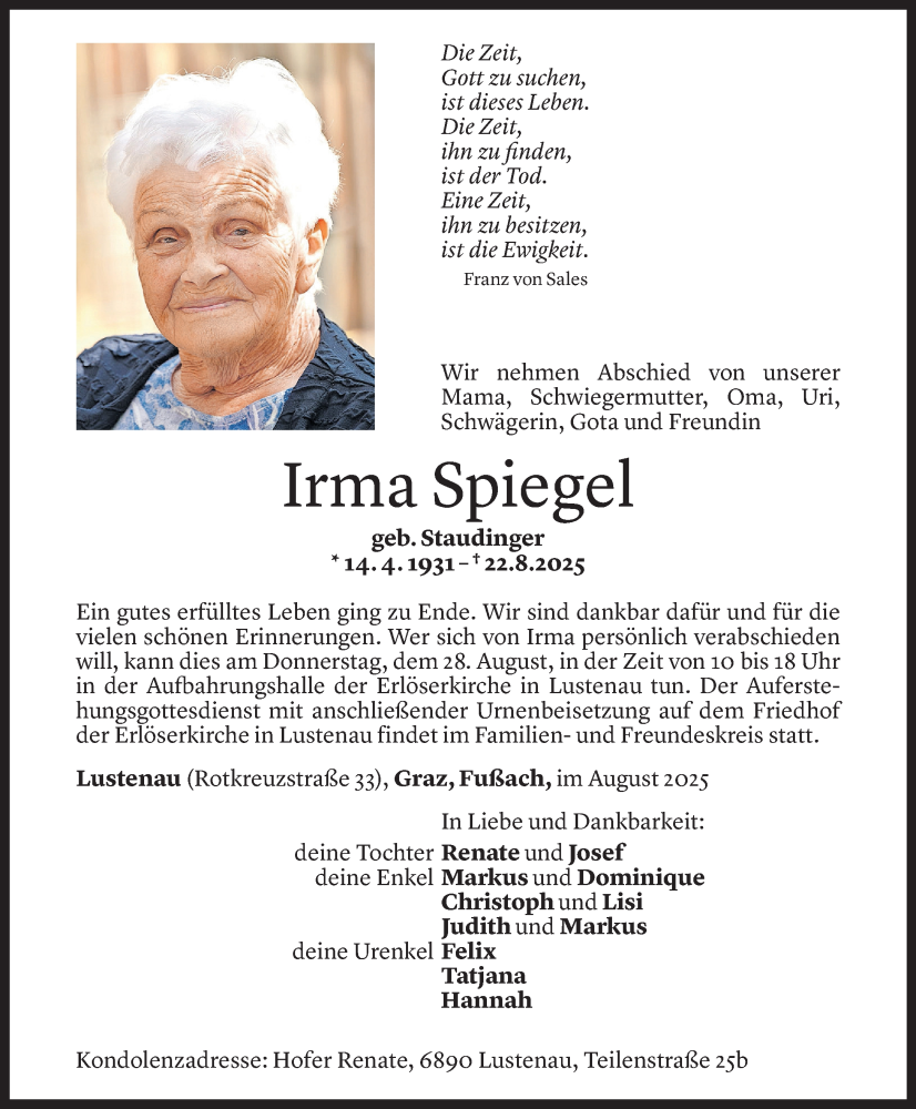  Todesanzeige für Irma Spiegel vom 25.08.2025 aus Vorarlberger Nachrichten