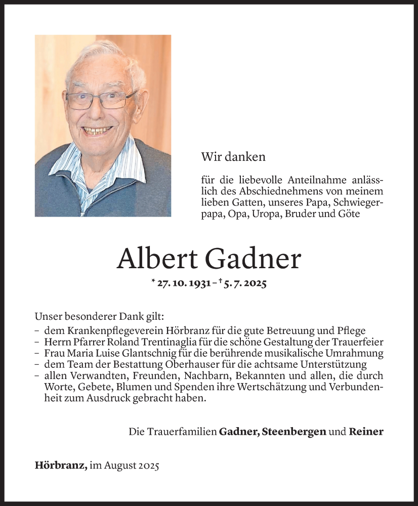  Todesanzeige für Albert Gadner vom 14.08.2025 aus Vorarlberger Nachrichten
