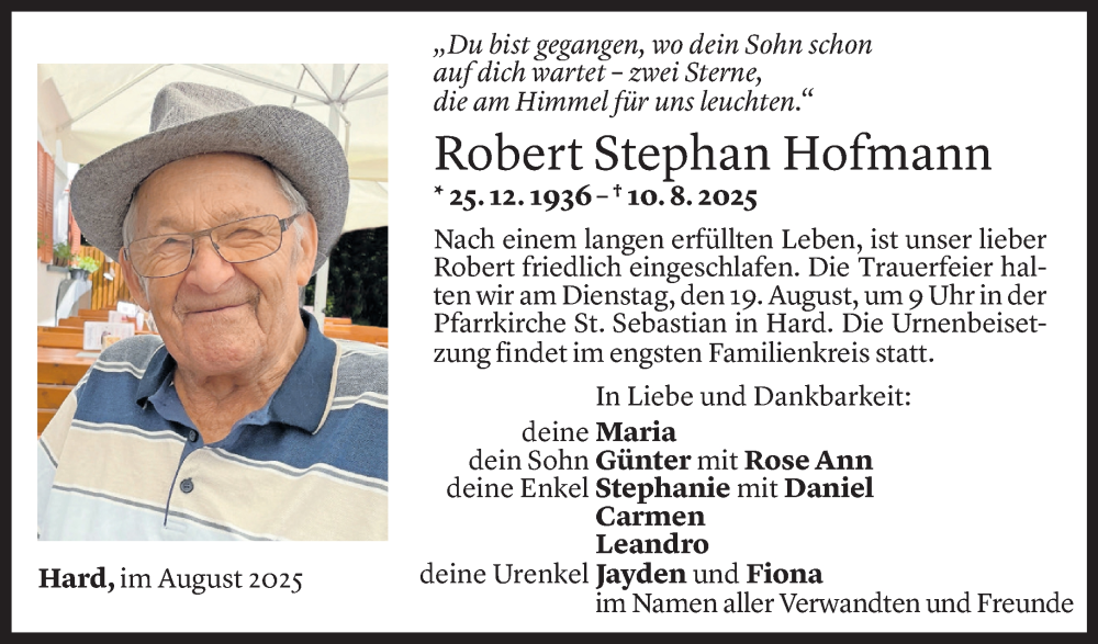 Todesanzeige für Robert Stephan Hofmann vom 13.08.2025 aus Vorarlberger Nachrichten