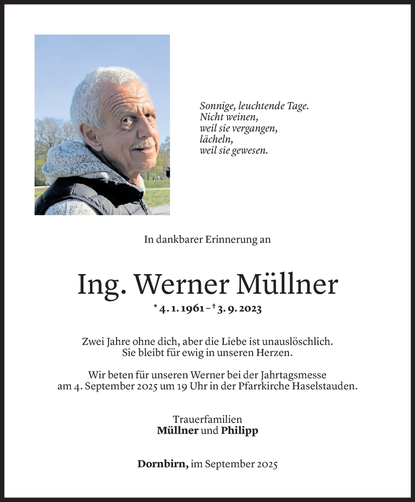  Todesanzeige für Werner Müllner vom 03.09.2025 aus Vorarlberger Nachrichten