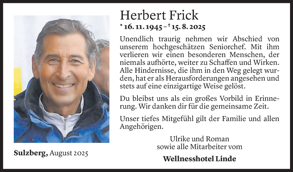  Todesanzeige für Herbert Frick vom 19.08.2025 aus Vorarlberger Nachrichten