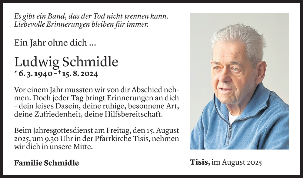  Todesanzeige für Ludwig Schmidle vom 05.08.2025 aus Vorarlberger Nachrichten