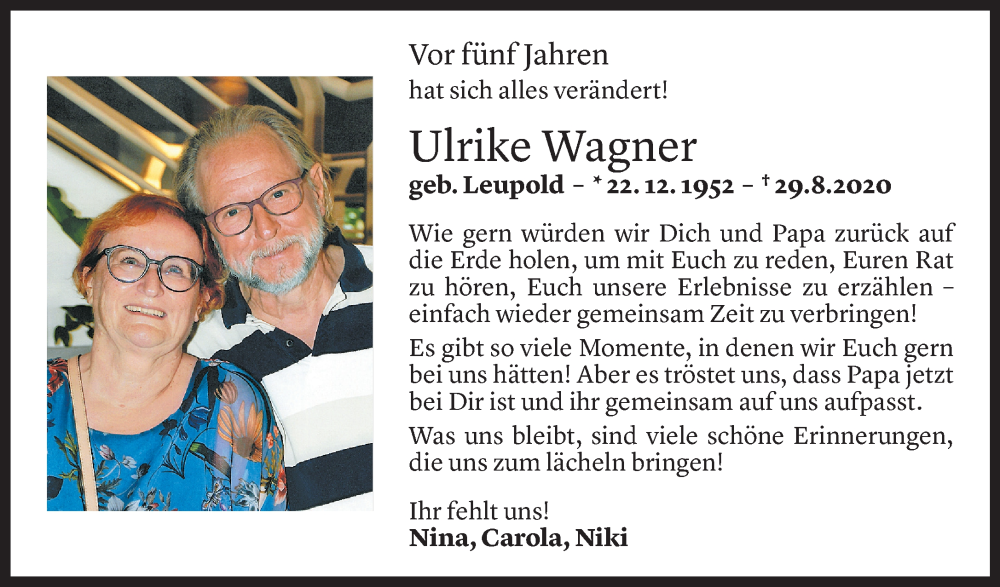  Todesanzeige für Ulrike Wagner vom 29.08.2025 aus Vorarlberger Nachrichten