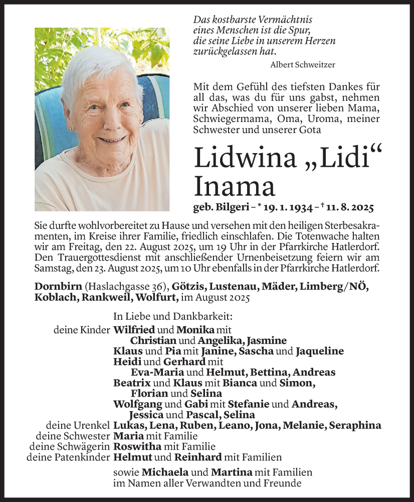  Todesanzeige für Lidwina Inama vom 14.08.2025 aus Vorarlberger Nachrichten