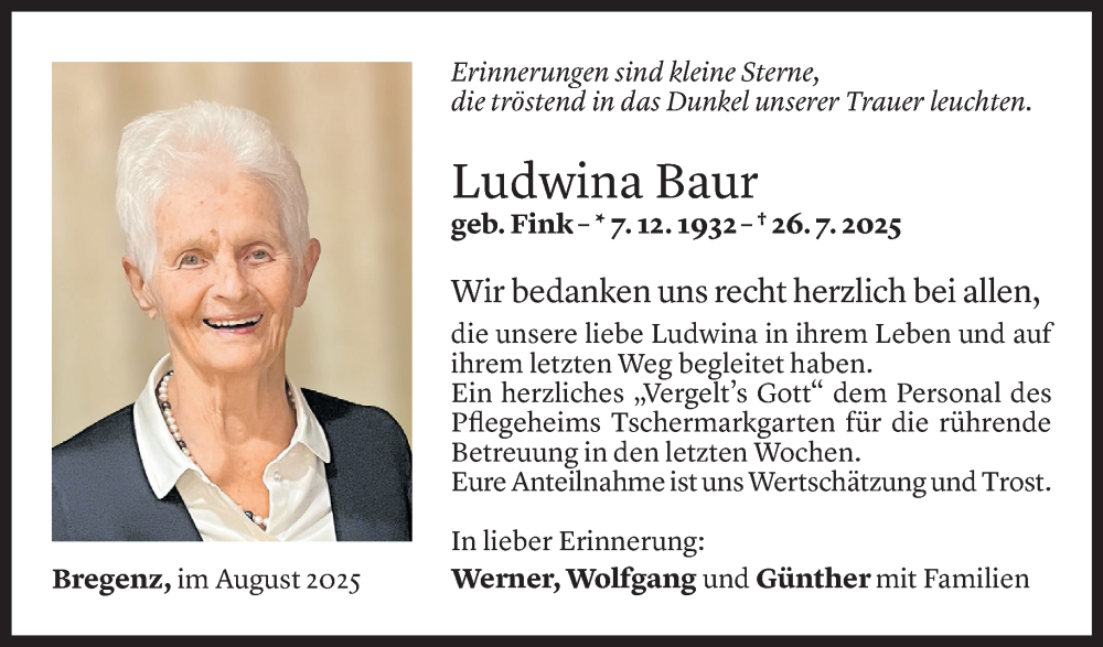 Todesanzeige für Ludwina Baur vom 11.08.2025 aus Vorarlberger Nachrichten