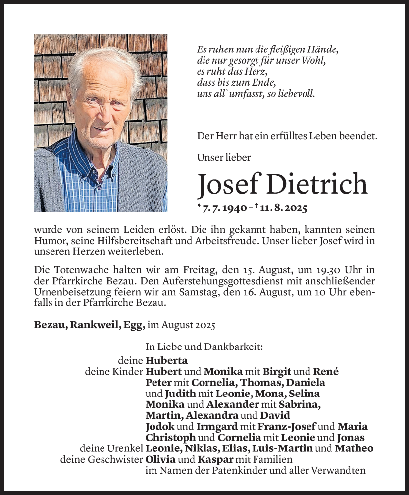  Todesanzeige für Josef Dietrich vom 12.08.2025 aus Vorarlberger Nachrichten