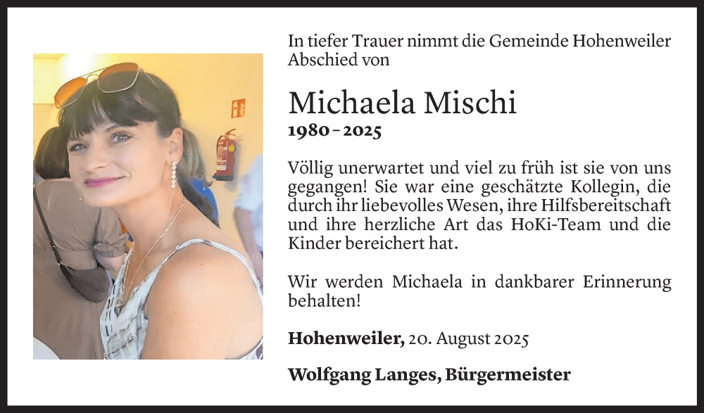  Todesanzeige für Michaela Mischi vom 20.08.2025 aus Vorarlberger Nachrichten