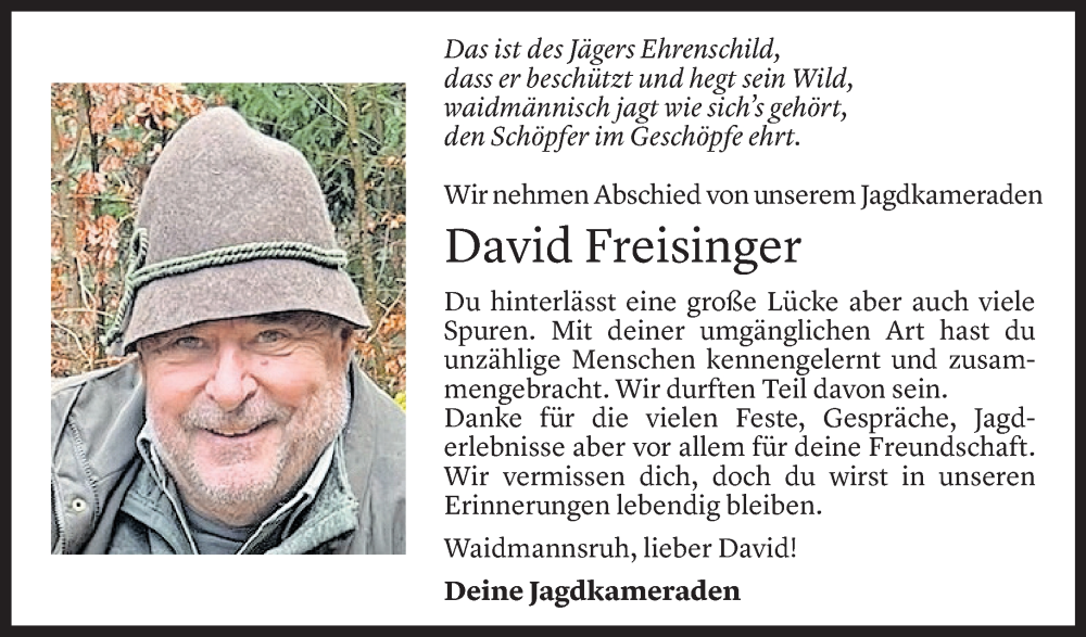  Todesanzeige für David Freisinger vom 05.08.2025 aus Vorarlberger Nachrichten