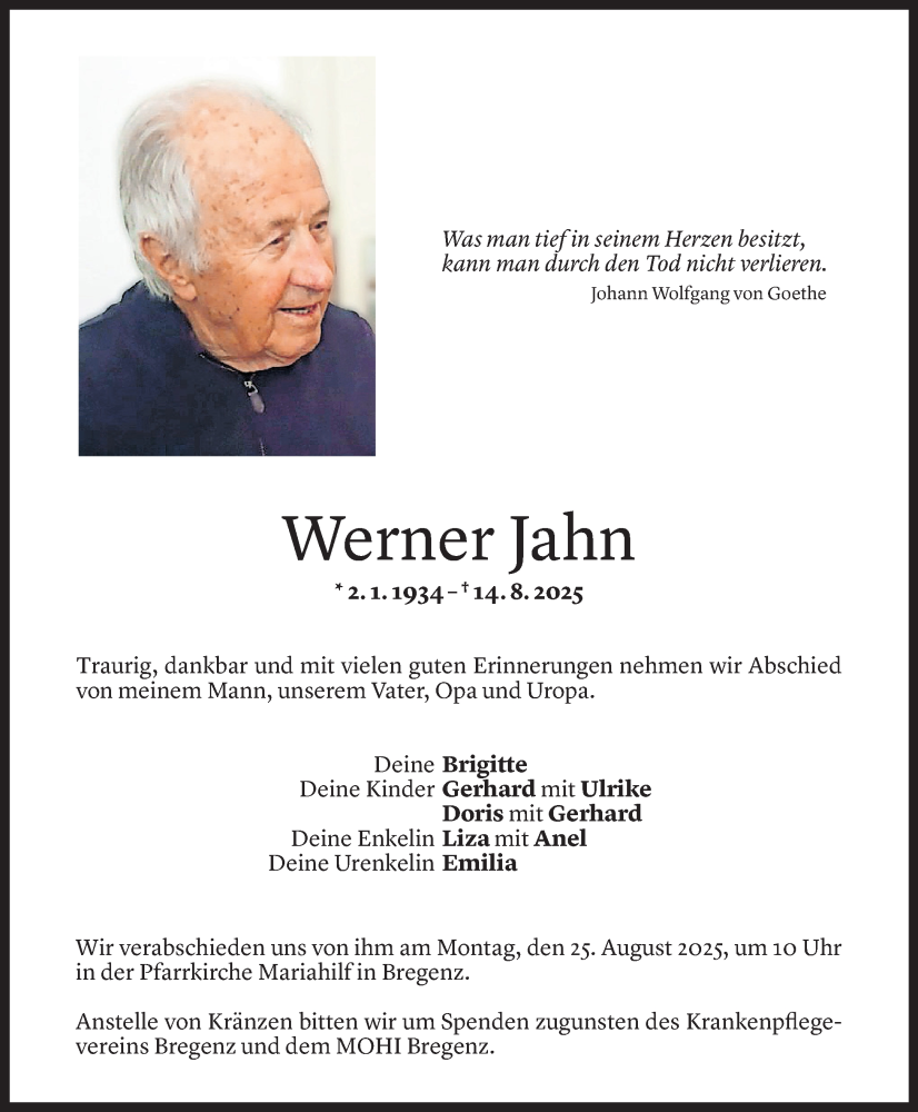  Todesanzeige für Werner Jahn vom 20.08.2025 aus Vorarlberger Nachrichten