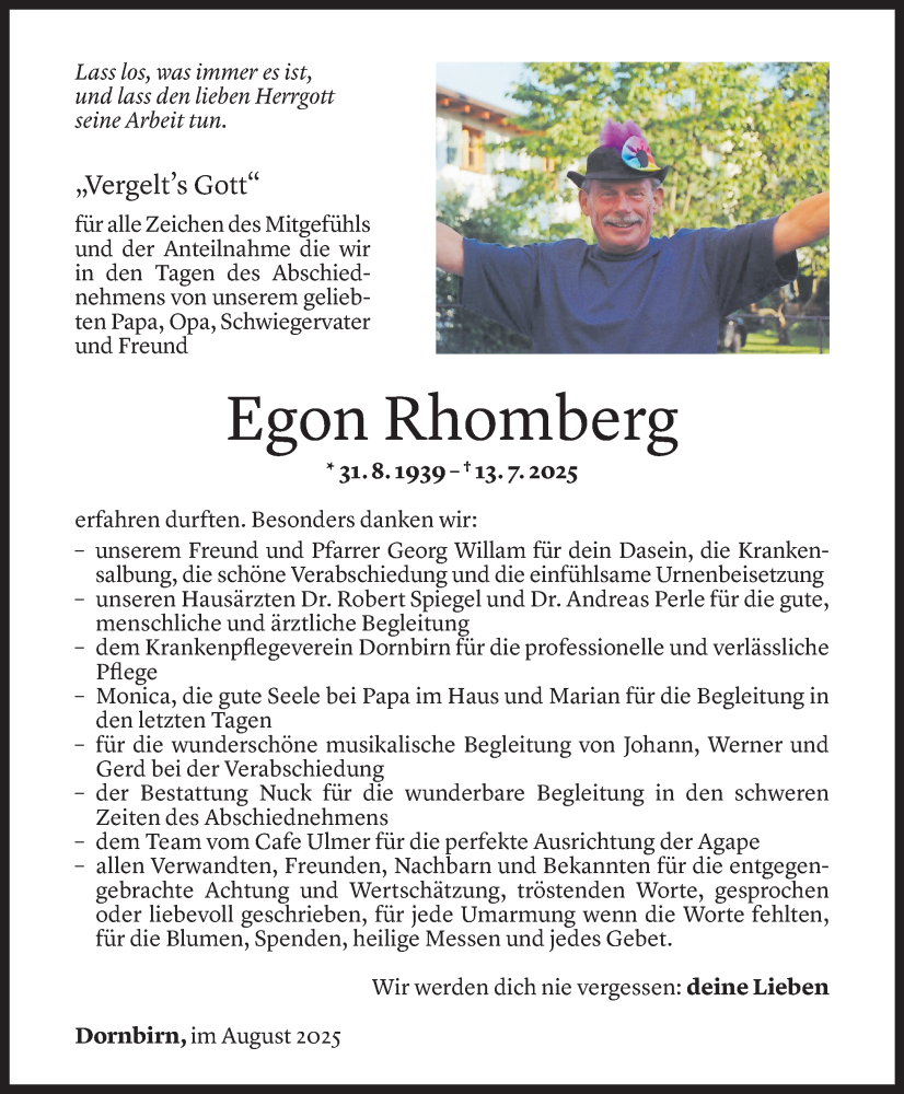  Todesanzeige für Egon Rhomberg vom 13.08.2025 aus Vorarlberger Nachrichten