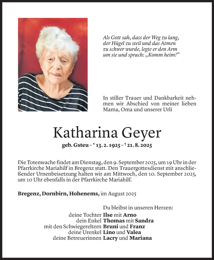  Todesanzeige für Katharina Geyer vom 04.09.2025 aus Vorarlberger Nachrichten