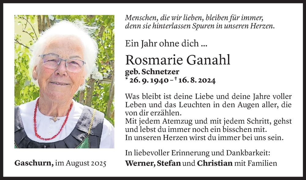  Todesanzeige für Rosmarie Ganahl vom 15.08.2025 aus Vorarlberger Nachrichten