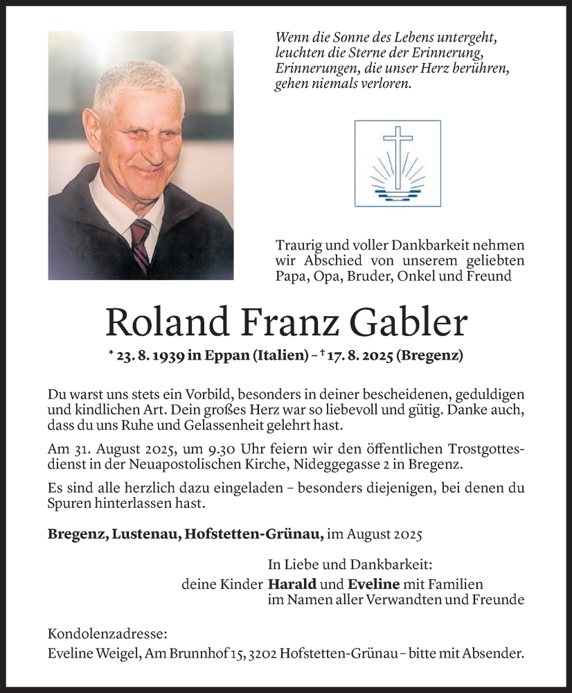  Todesanzeige für Roland Franz Gabler vom 20.08.2025 aus Vorarlberger Nachrichten