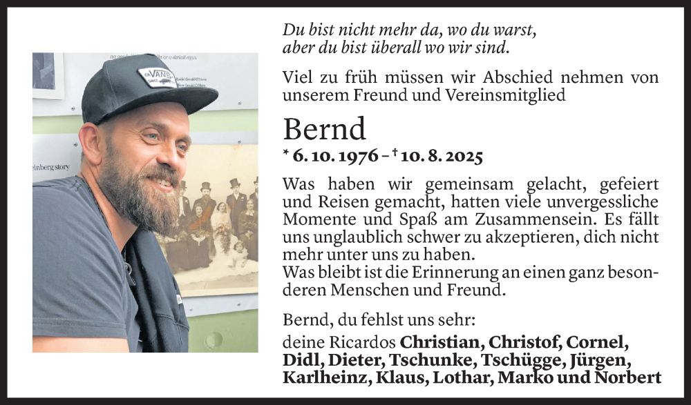  Todesanzeige für Bernd Gölz vom 13.08.2025 aus Vorarlberger Nachrichten