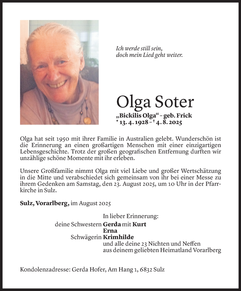  Todesanzeige für Olga Soter vom 15.08.2025 aus Vorarlberger Nachrichten
