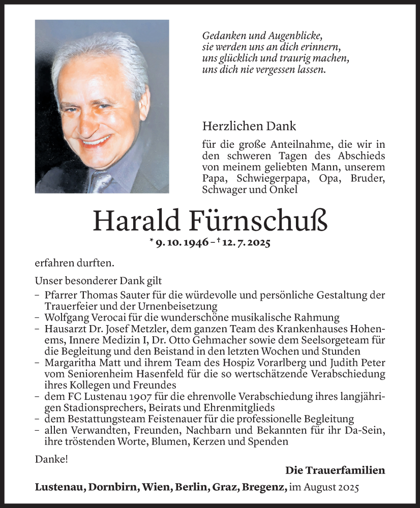 Todesanzeige für Harald Fürnschuß vom 29.08.2025 aus Vorarlberger Nachrichten