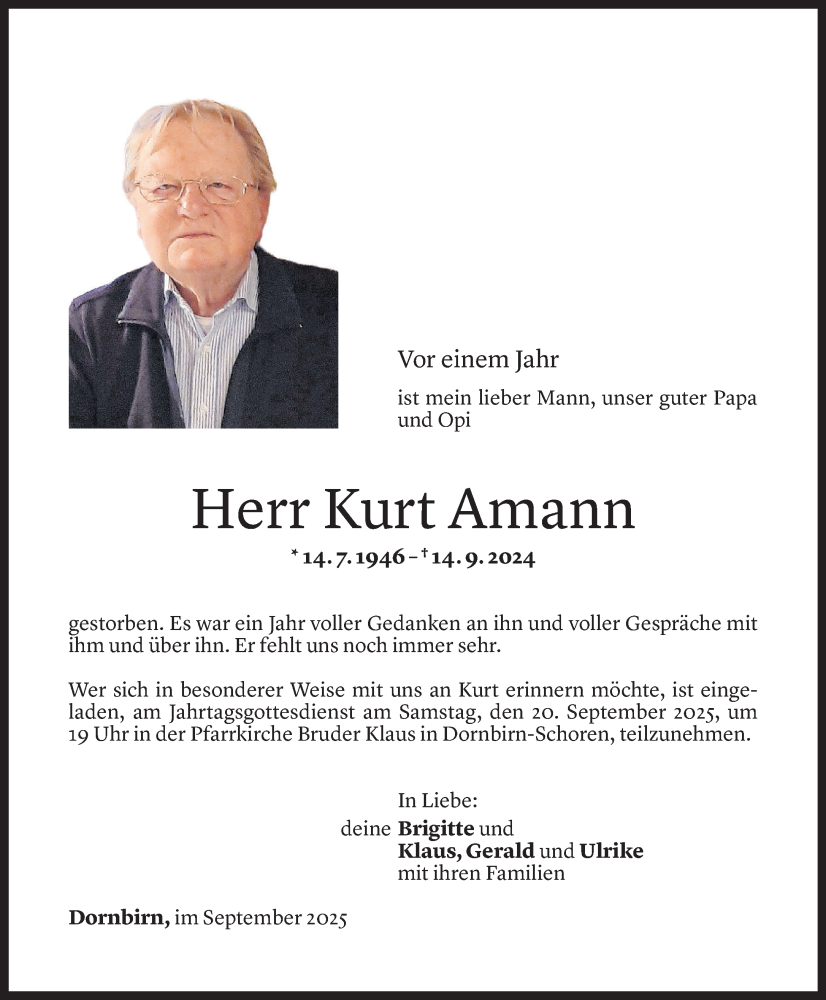  Todesanzeige für Kurt Amann vom 13.09.2025 aus Vorarlberger Nachrichten
